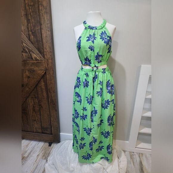 Likely Karrica Maxi Dress Midriff Cutout Pistachio Green Blue Floral NWT - Picture 3 of 5